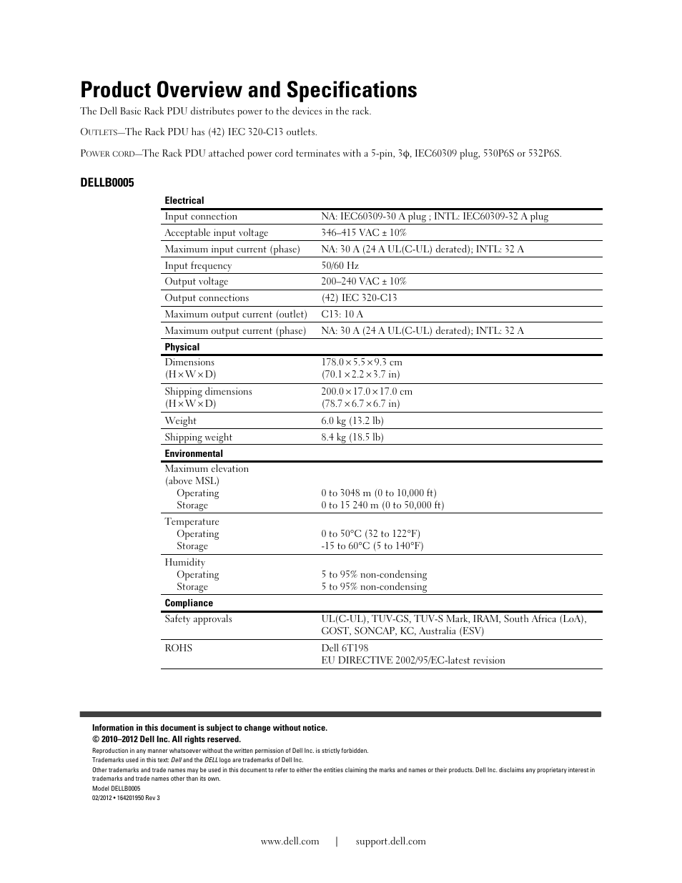 Product overview and specifications, Dellb0005 | Dell Basic PDU User Manual | Page 3 / 19