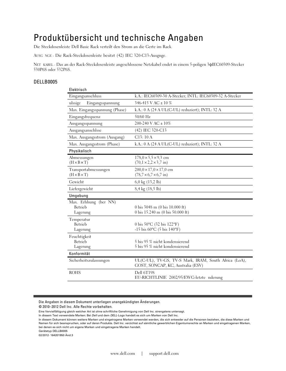 Produktübersicht und technische angaben, Dellb0005 | Dell Basic PDU User Manual | Page 7 / 19