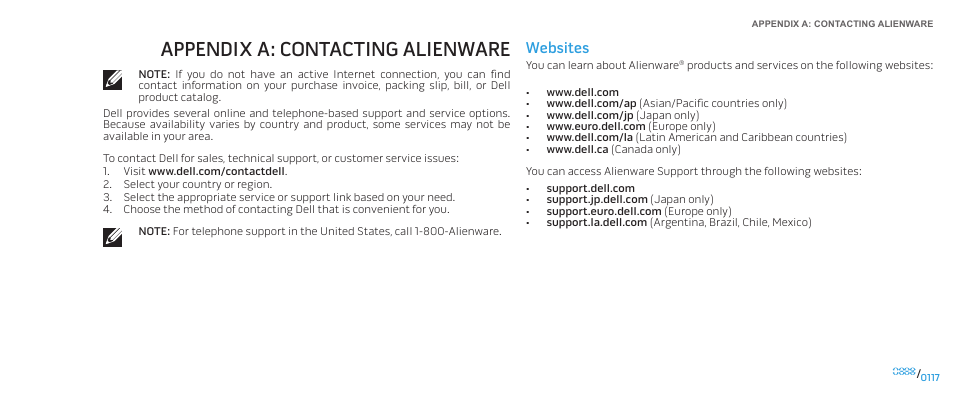 Appendix a: contacting alienware, Websites | Dell Alienware Aurora User Manual | Page 117 / 117