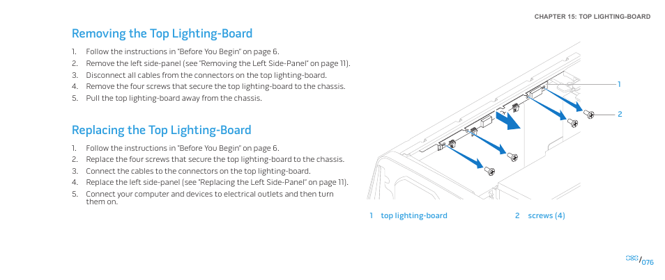 Removing the top lighting-board, Replacing the top lighting-board | Dell Alienware Aurora User Manual | Page 76 / 117