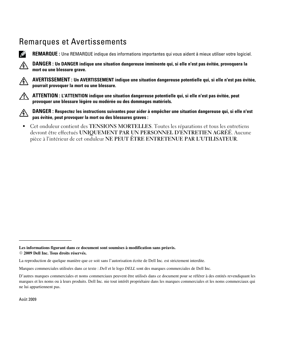 Remarques et avertissements | Dell UPS 5600R User Manual | Page 14 / 94