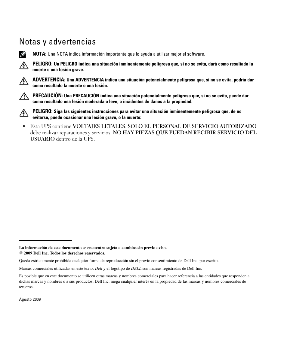 Notas y advertencias | Dell UPS 5600R User Manual | Page 44 / 94