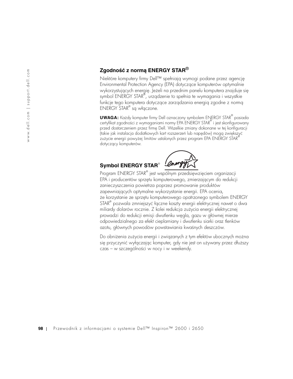Zgodność z normą energy star, Symbol energy star, Zgodnoʘć z normé energy star | Dell INSPIRON 2600 User Manual | Page 100 / 168