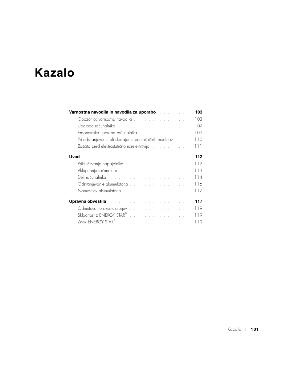 Kazalo | Dell INSPIRON 2600 User Manual | Page 103 / 168