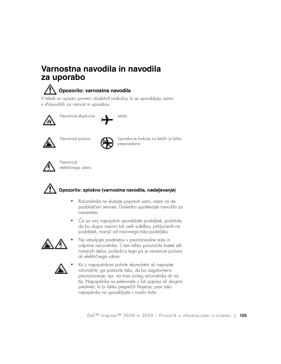 Varnostna navodila in navodila za uporabo, Opozorilo: varnostna navodila | Dell INSPIRON 2600 User Manual | Page 105 / 168