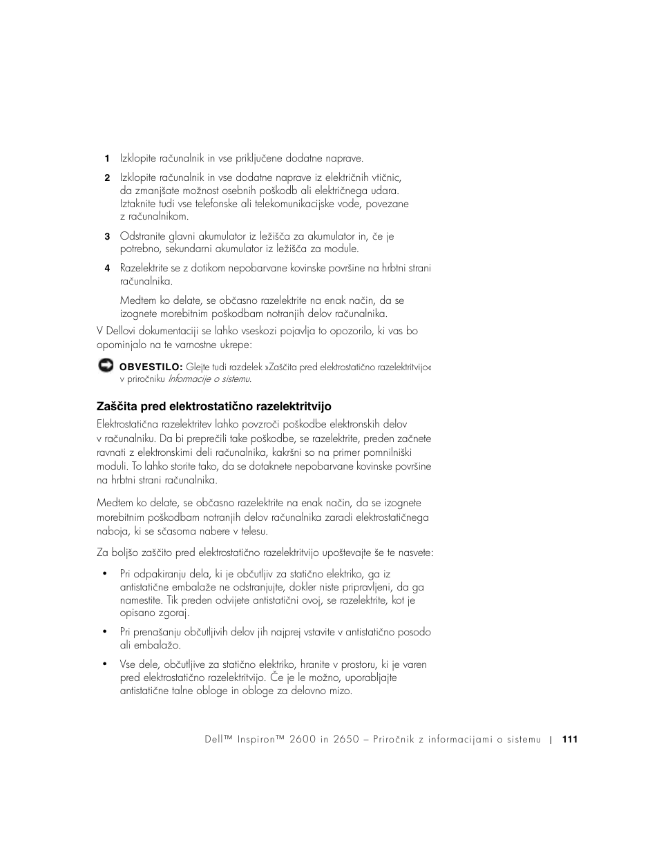 Zaščita pred elektrostatično razelektritvijo | Dell INSPIRON 2600 User Manual | Page 113 / 168