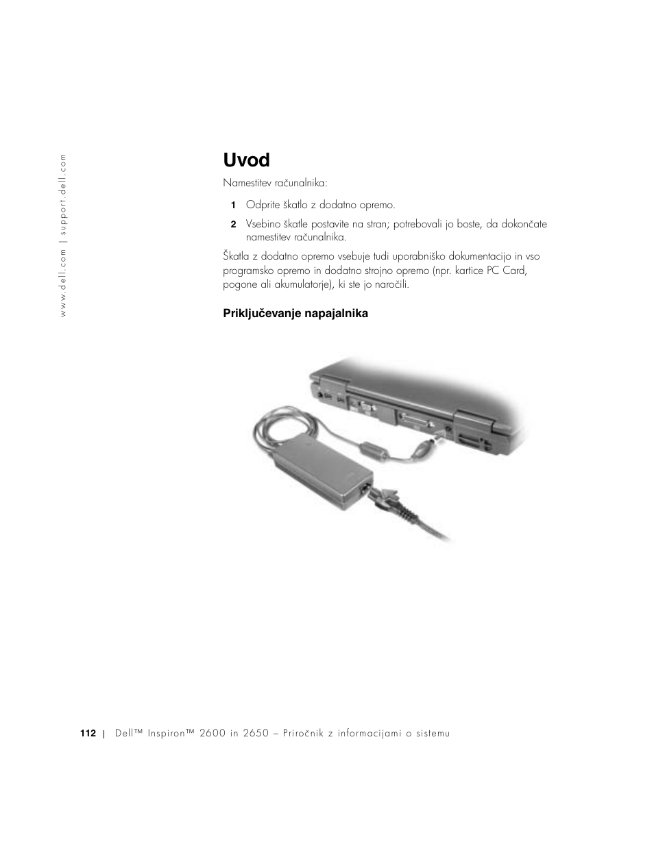 Uvod, Priključevanje napajalnika | Dell INSPIRON 2600 User Manual | Page 114 / 168