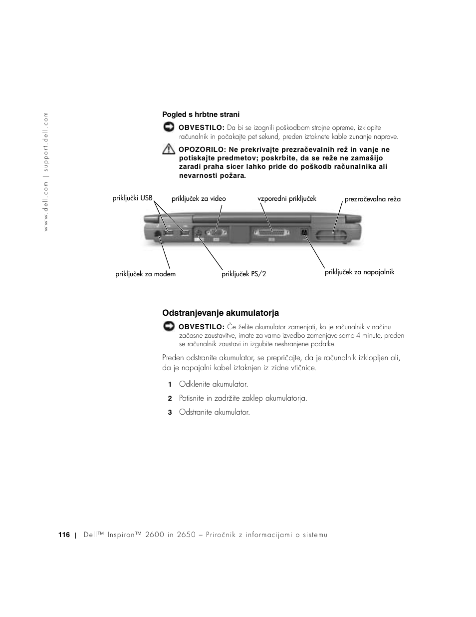 Odstranjevanje akumulatorja | Dell INSPIRON 2600 User Manual | Page 118 / 168