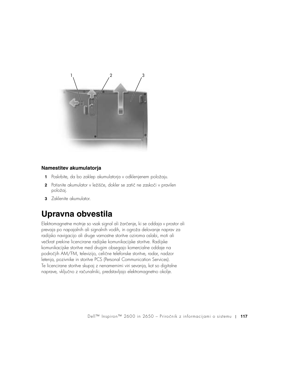 Namestitev akumulatorja, Upravna obvestila | Dell INSPIRON 2600 User Manual | Page 119 / 168