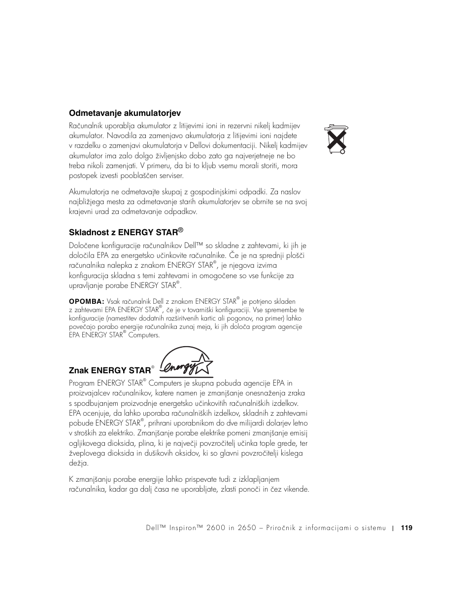 Odmetavanje akumulatorjev, Skladnost z energy star, Znak energy star | Dell INSPIRON 2600 User Manual | Page 121 / 168
