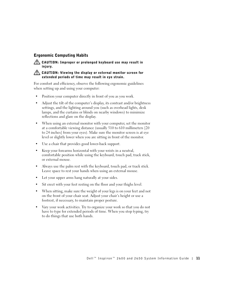 Ergonomic computing habits | Dell INSPIRON 2600 User Manual | Page 13 / 168