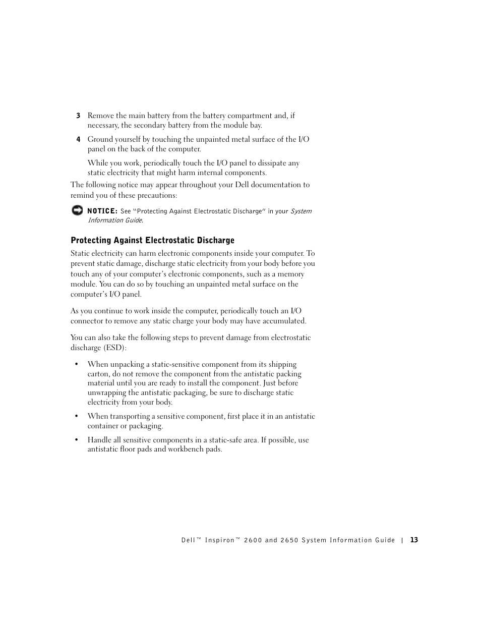 Protecting against electrostatic discharge | Dell INSPIRON 2600 User Manual | Page 15 / 168