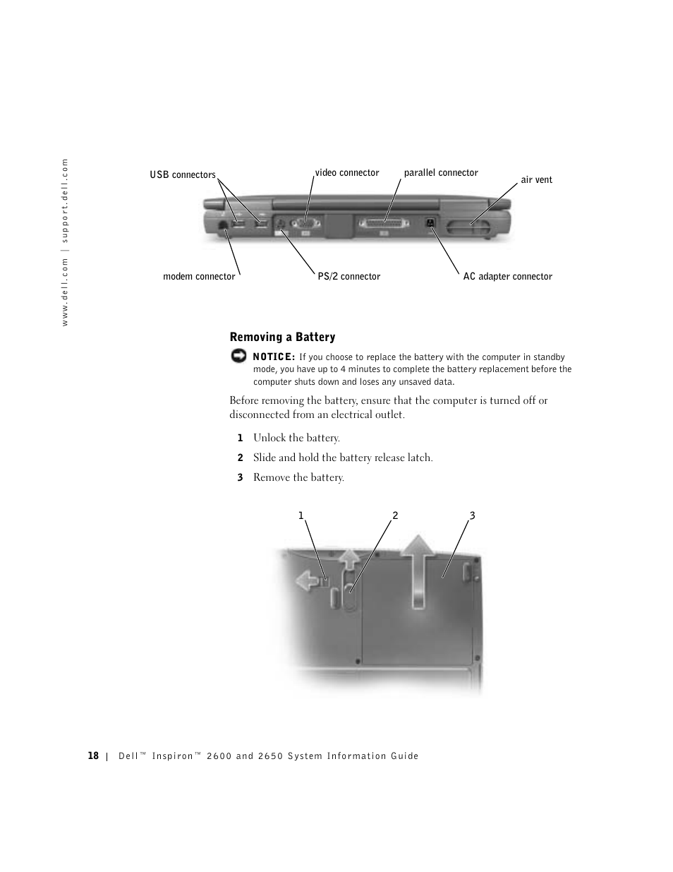 Removing a battery | Dell INSPIRON 2600 User Manual | Page 20 / 168