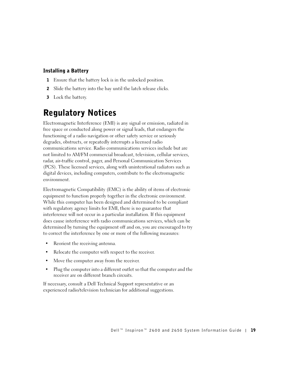 Installing a battery, Regulatory notices | Dell INSPIRON 2600 User Manual | Page 21 / 168