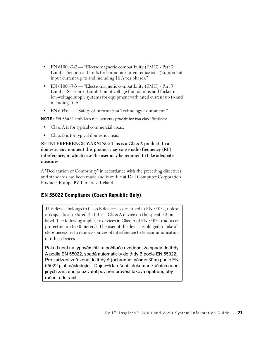 En 55022 compliance (czech republic only) | Dell INSPIRON 2600 User Manual | Page 23 / 168