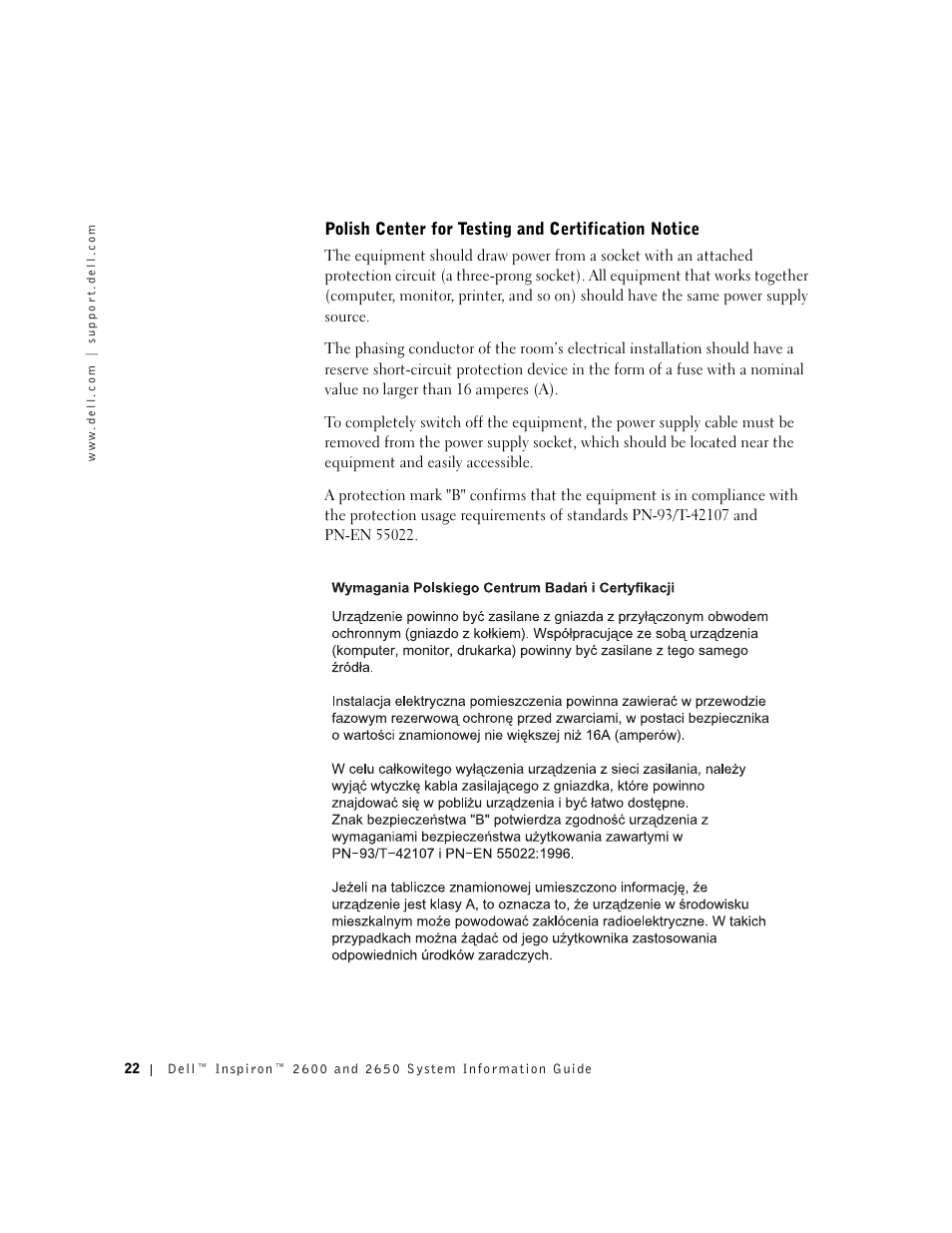 Polish center for testing and certification notice | Dell INSPIRON 2600 User Manual | Page 24 / 168