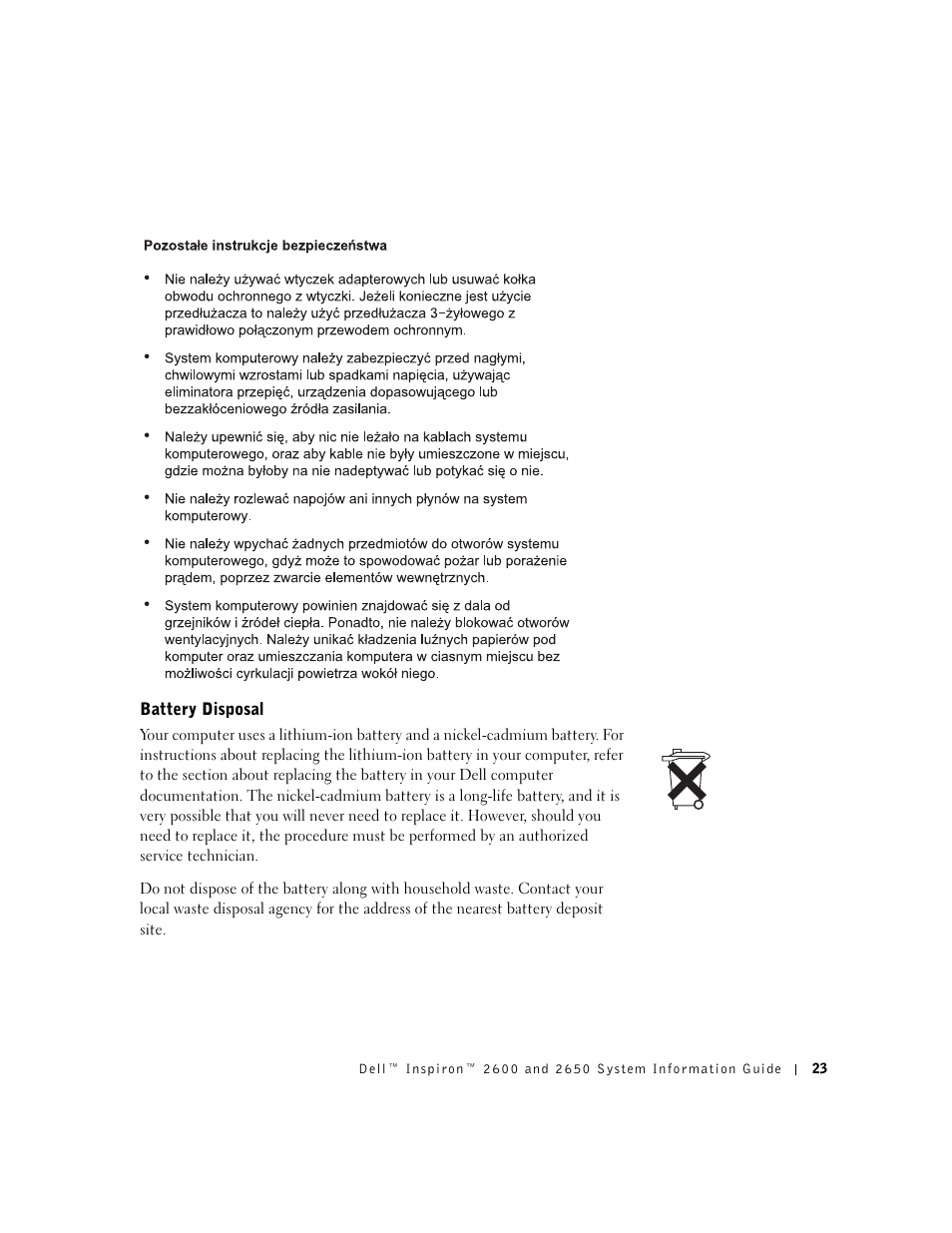 Battery disposal | Dell INSPIRON 2600 User Manual | Page 25 / 168