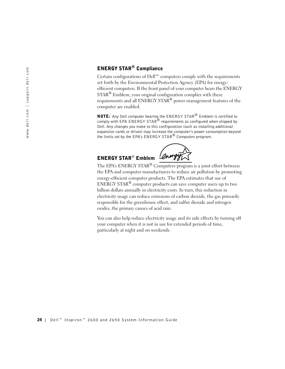 Energy star® compliance, Energy star® emblem, Energy star | Dell INSPIRON 2600 User Manual | Page 26 / 168