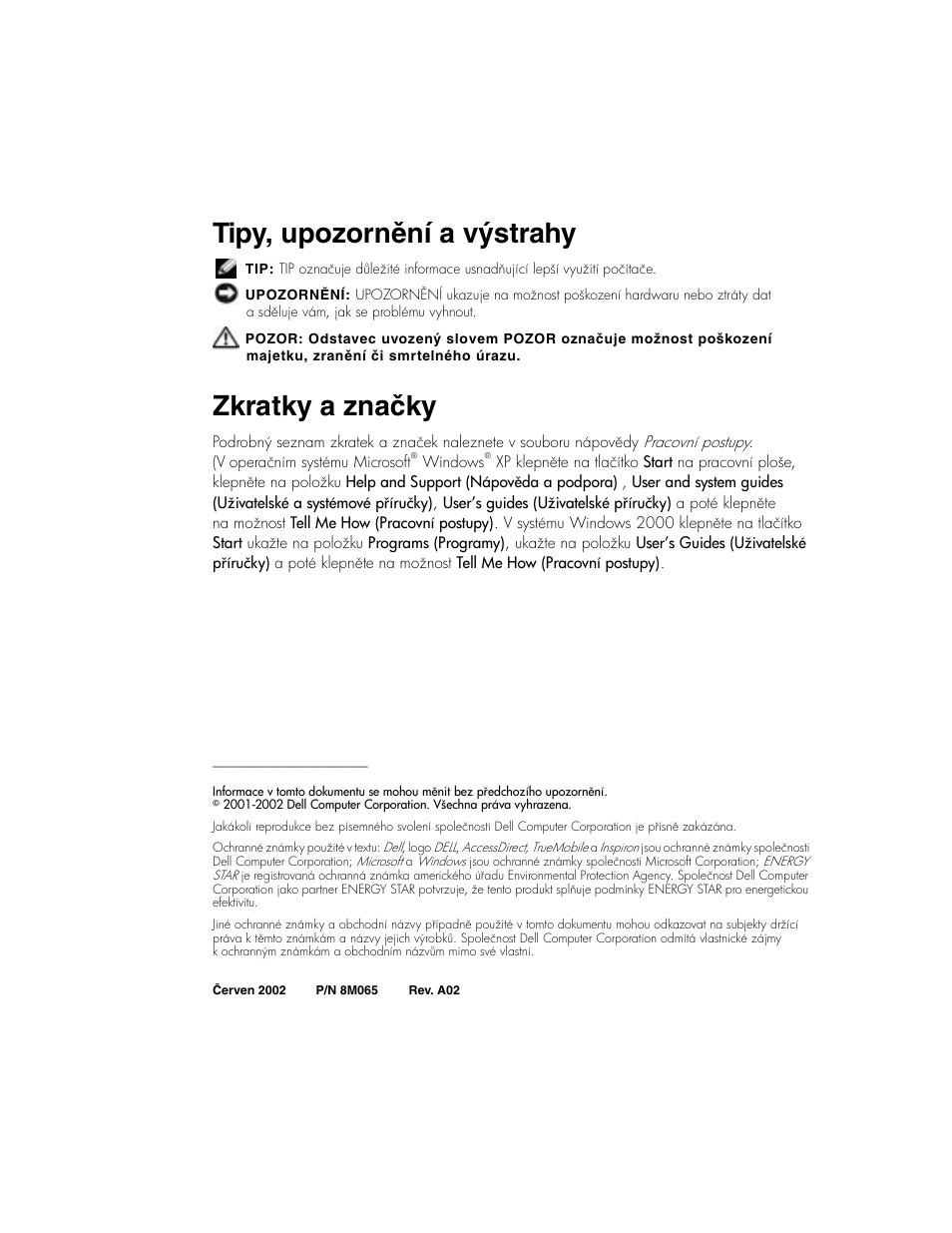 Tipy, upozornění a výstrahy, Zkratky a značky | Dell INSPIRON 2600 User Manual | Page 28 / 168