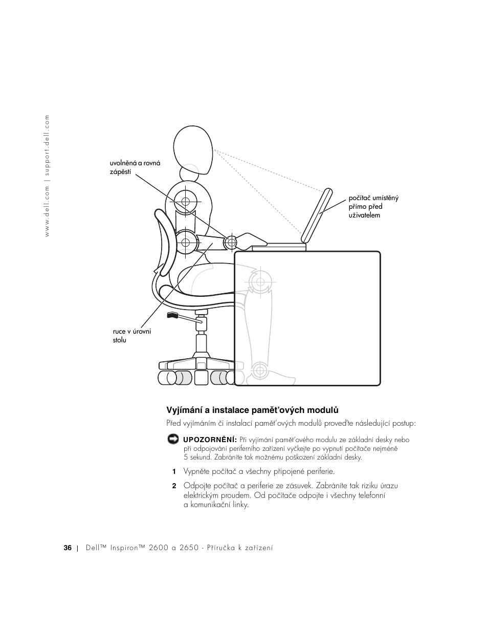 Vyjímání a instalace pamět’ových modulů, Vyjímání a instalace pamżt’ových modulś | Dell INSPIRON 2600 User Manual | Page 38 / 168