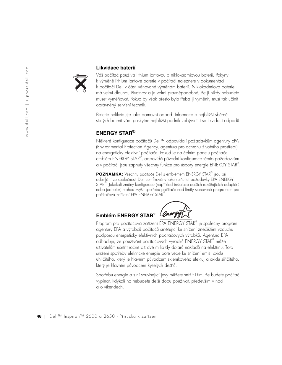 Likvidace baterií, Energy star, Emblém energy star | Dell INSPIRON 2600 User Manual | Page 48 / 168