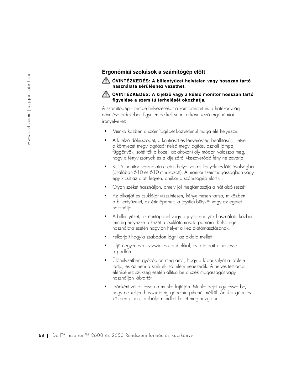 Ergonómiai szokások a számítógép előtt, Ergonómiai szokások a számítógép elʐtt | Dell INSPIRON 2600 User Manual | Page 60 / 168