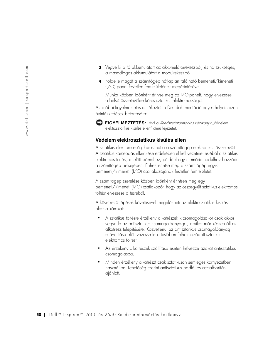 Védelem elektrosztatikus kisülés ellen | Dell INSPIRON 2600 User Manual | Page 62 / 168