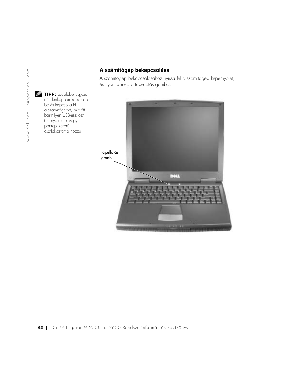 A számítógép bekapcsolása | Dell INSPIRON 2600 User Manual | Page 64 / 168
