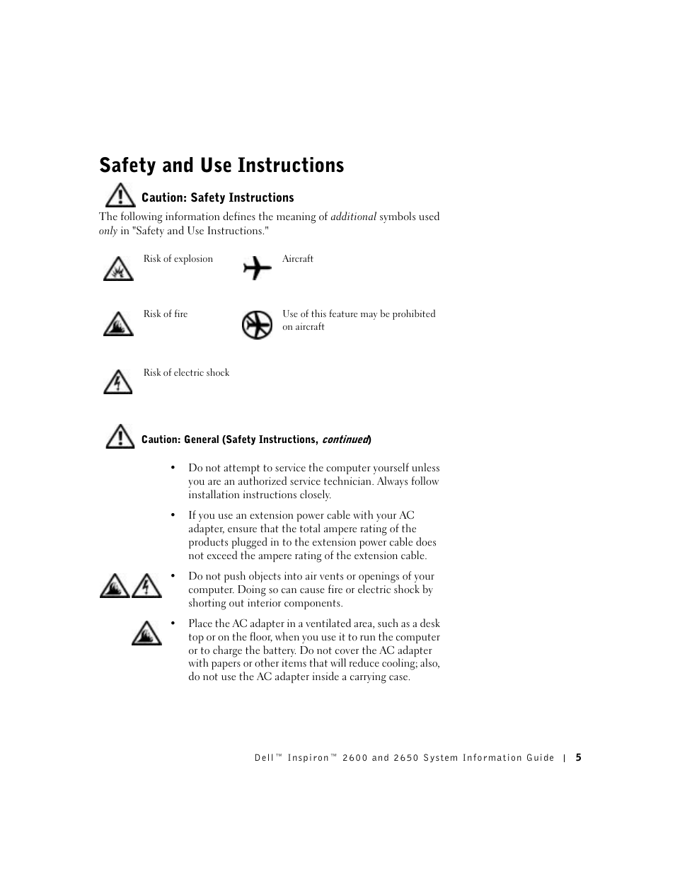Safety and use instructions, Caution: safety instructions | Dell INSPIRON 2600 User Manual | Page 7 / 168