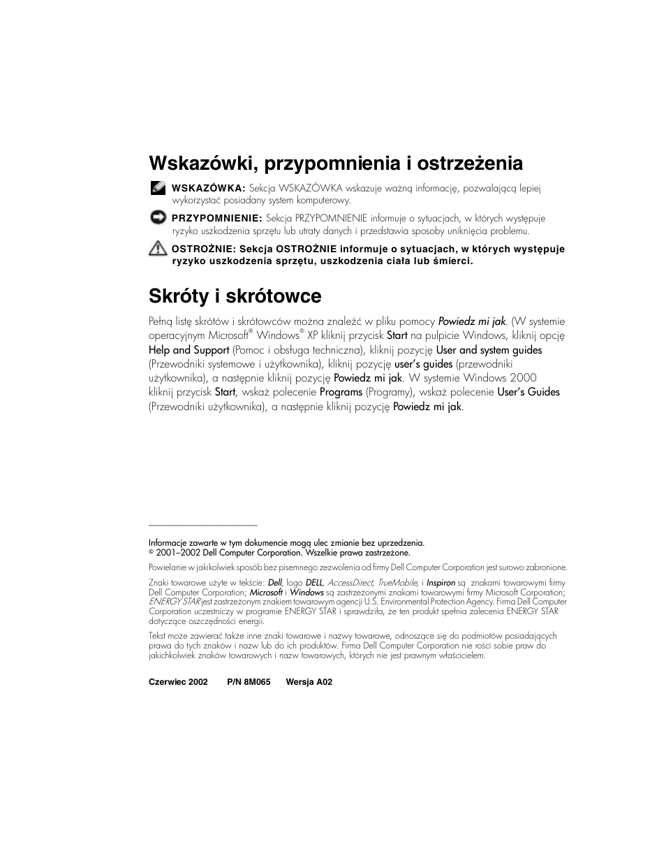 Wskazówki, przypomnienia i ostrzeżenia, Skróty i skrótowce | Dell INSPIRON 2600 User Manual | Page 74 / 168
