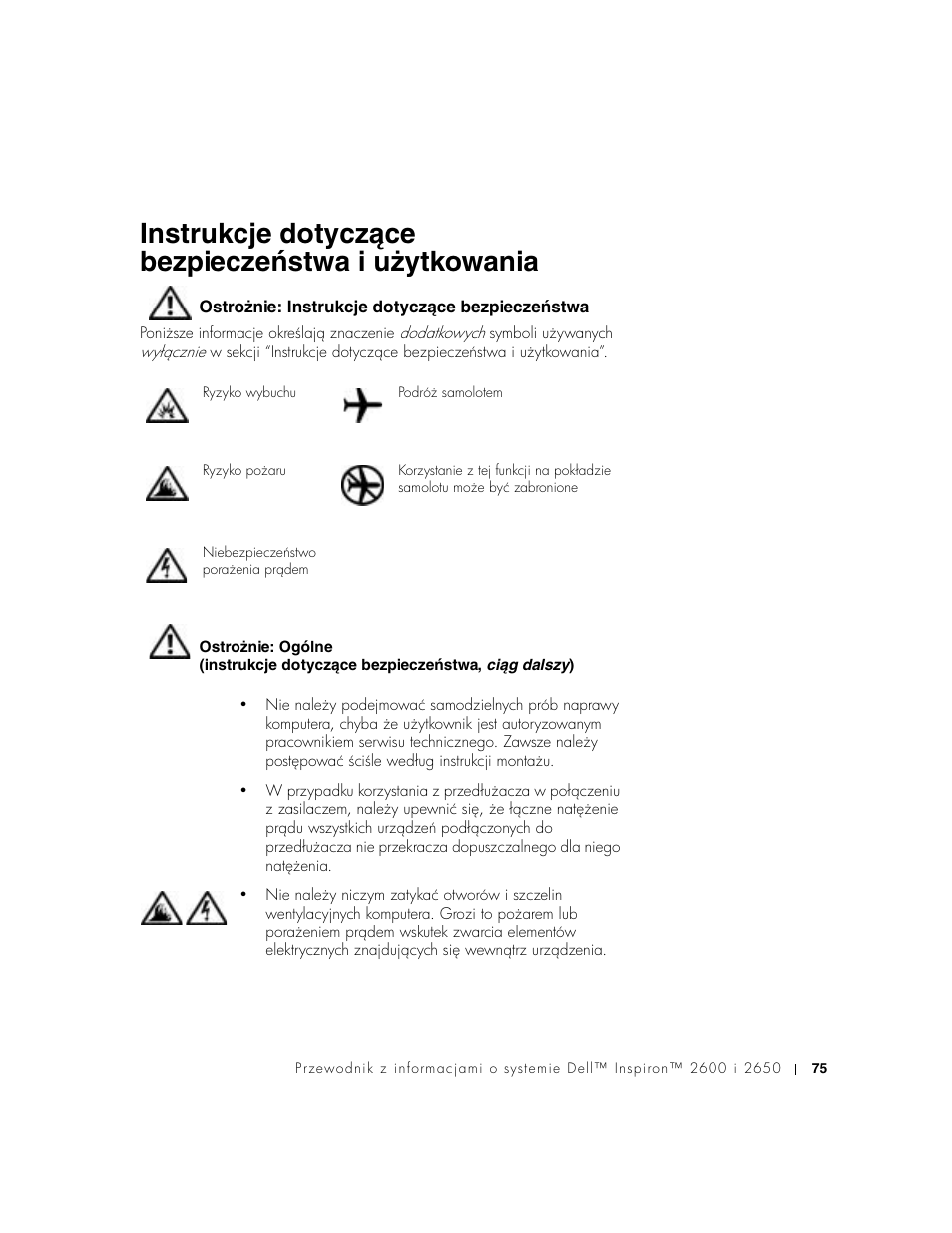 Instrukcje dotyczące bezpieczeństwa i użytkowania, Ostrożnie: instrukcje dotyczące bezpieczeństwa, Ostroɥnie: instrukcje dotyczéce bezpieczeŀstwa | Dell INSPIRON 2600 User Manual | Page 77 / 168