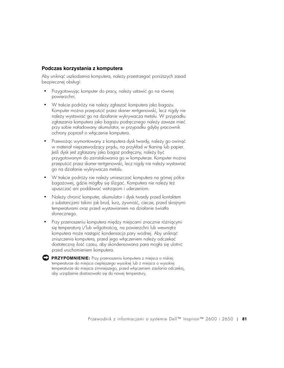 Podczas korzystania z komputera | Dell INSPIRON 2600 User Manual | Page 83 / 168