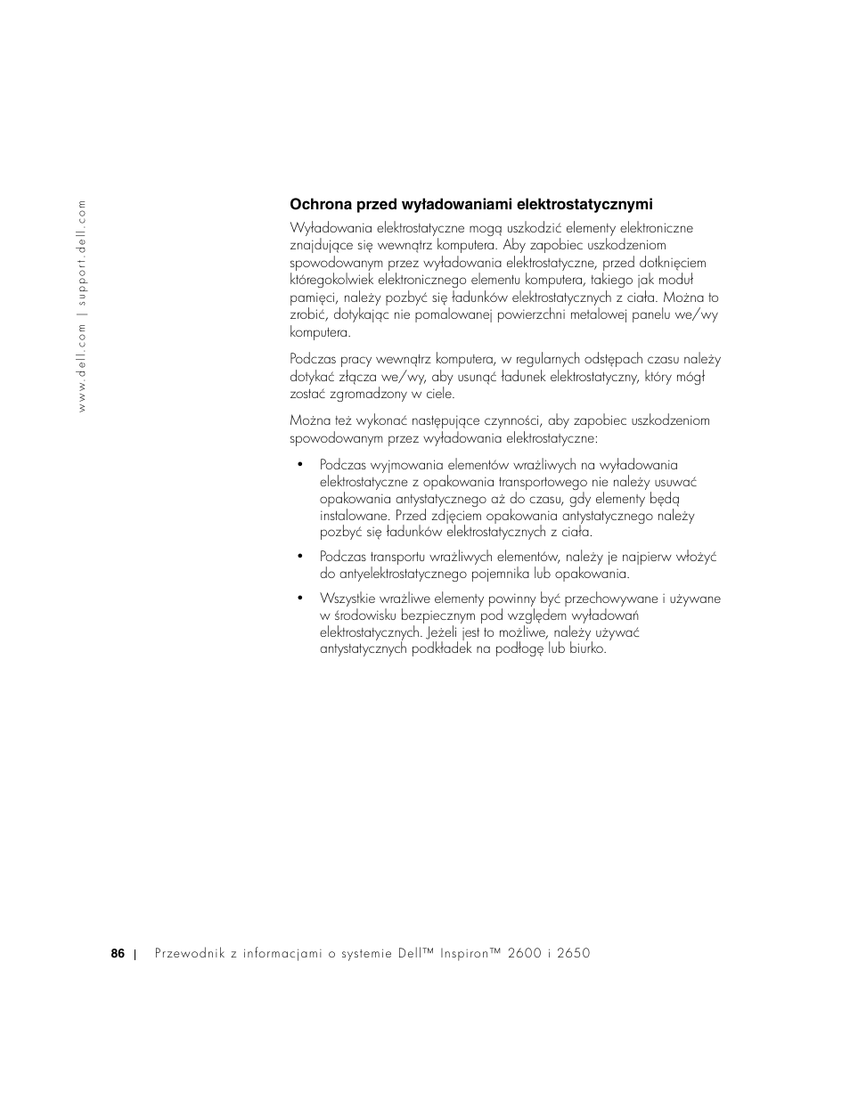 Ochrona przed wyładowaniami elektrostatycznymi | Dell INSPIRON 2600 User Manual | Page 88 / 168