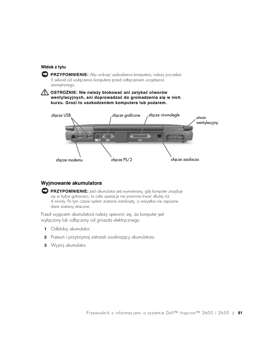 Wyjmowanie akumulatora | Dell INSPIRON 2600 User Manual | Page 93 / 168