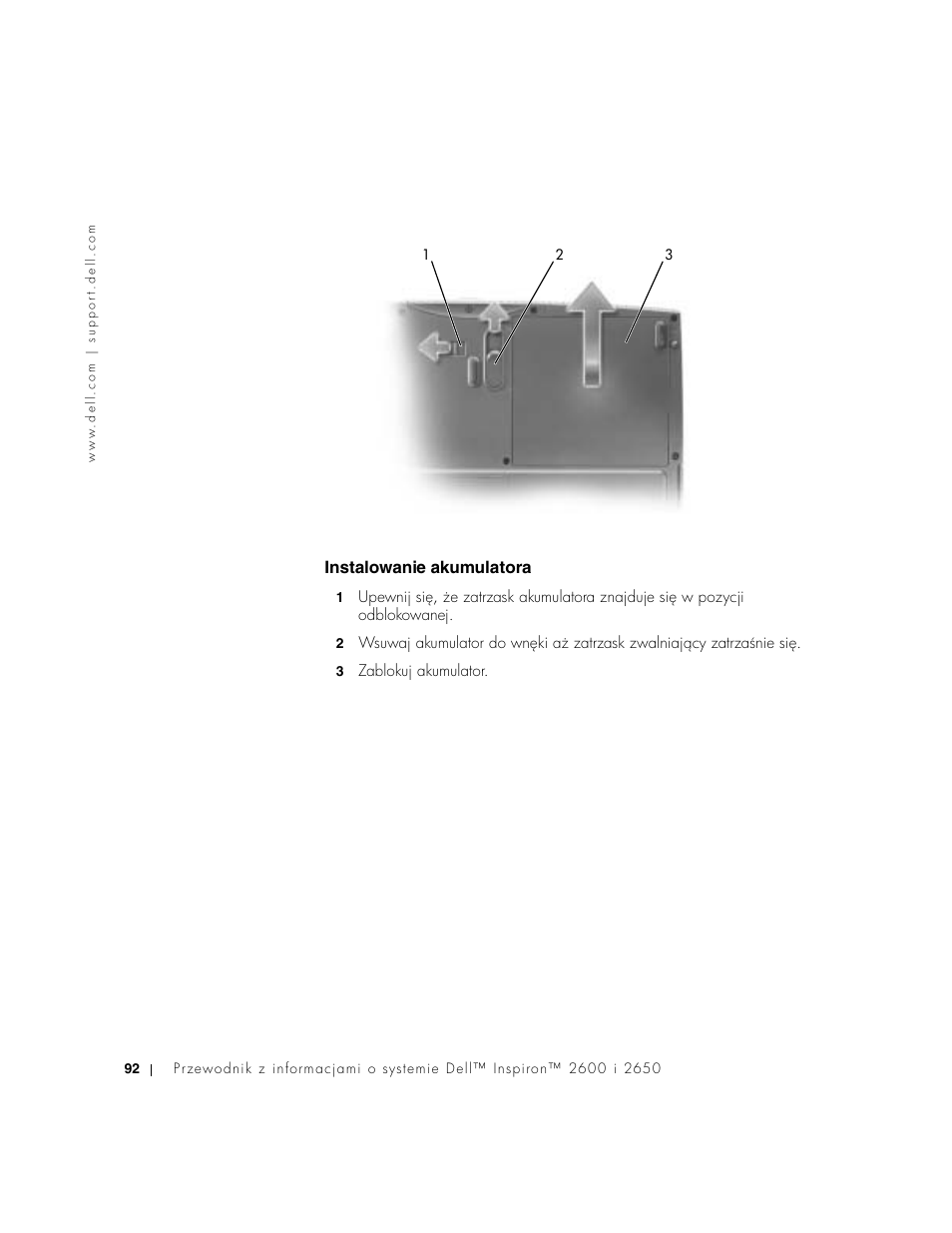 Instalowanie akumulatora | Dell INSPIRON 2600 User Manual | Page 94 / 168