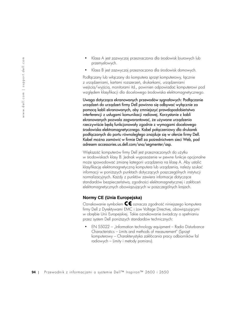 Normy ce (unia europejska) | Dell INSPIRON 2600 User Manual | Page 96 / 168