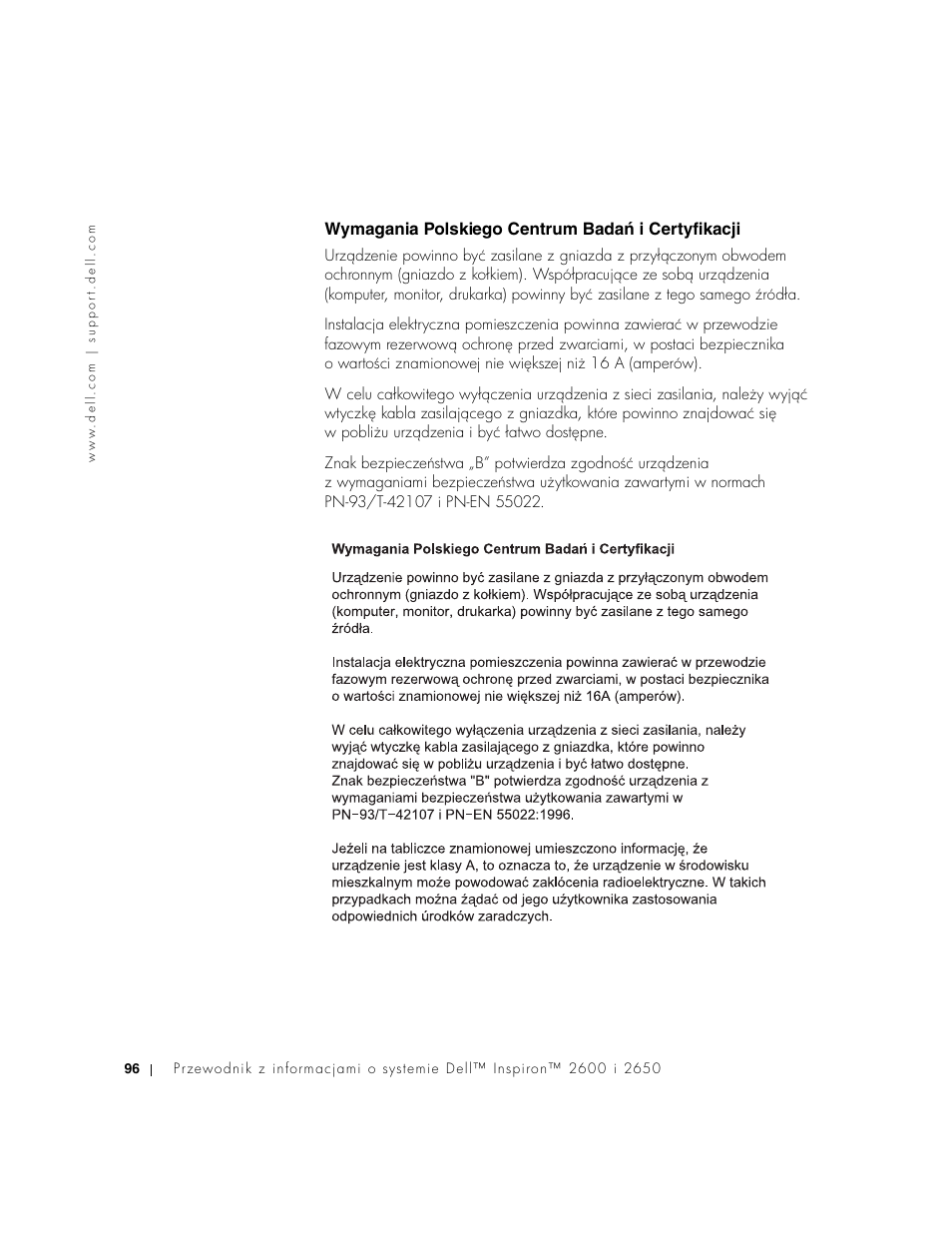 Wymagania polskiego centrum badań i certyfikacji, Wymagania polskiego centrum badaŀ i certyfikacji | Dell INSPIRON 2600 User Manual | Page 98 / 168