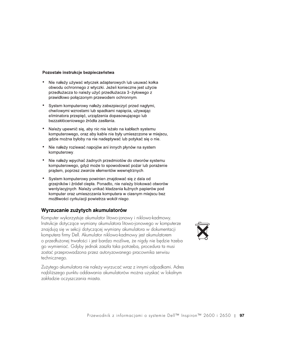 Wyrzucanie zużytych akumulatorów, Wyrzucanie zuɥytych akumulatorów | Dell INSPIRON 2600 User Manual | Page 99 / 168