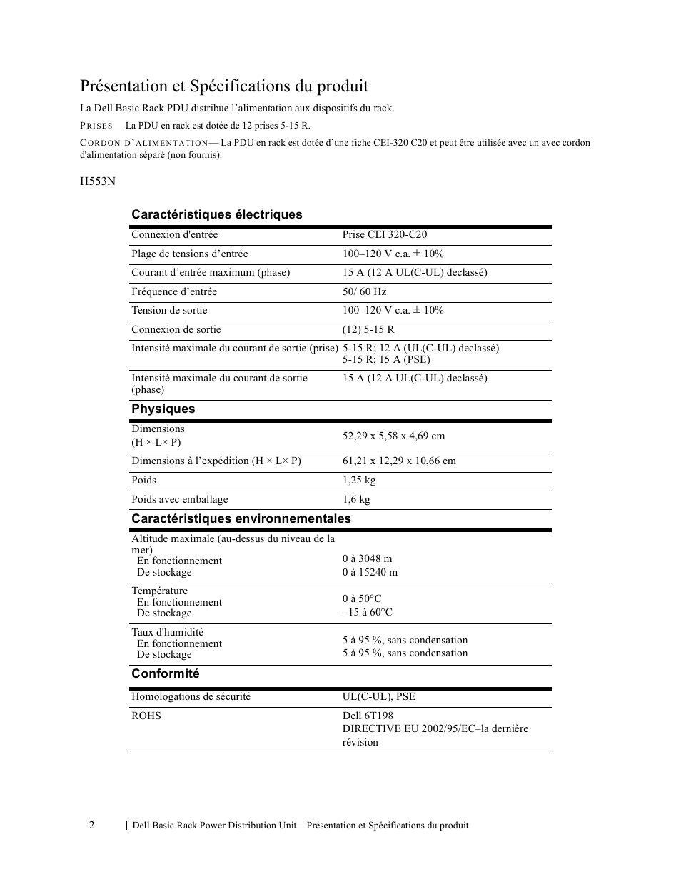 Présentation et spécifications du produit | Dell Basic PDU User Manual | Page 7 / 9