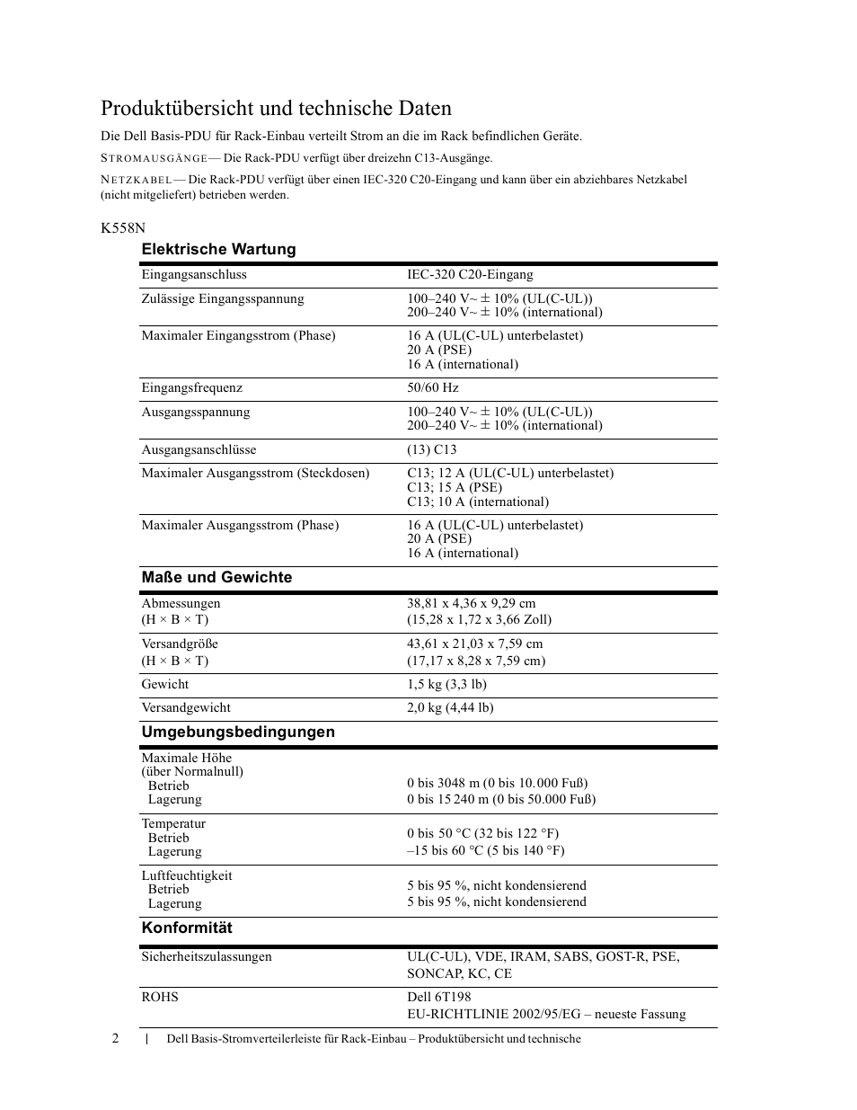 Produktübersicht und technische daten | Dell Basic PDU User Manual | Page 5 / 27