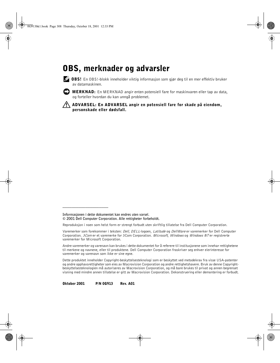 Obs, merknader og advarsler | Dell C__Dock II Expansion Station User Manual | Page 310 / 532