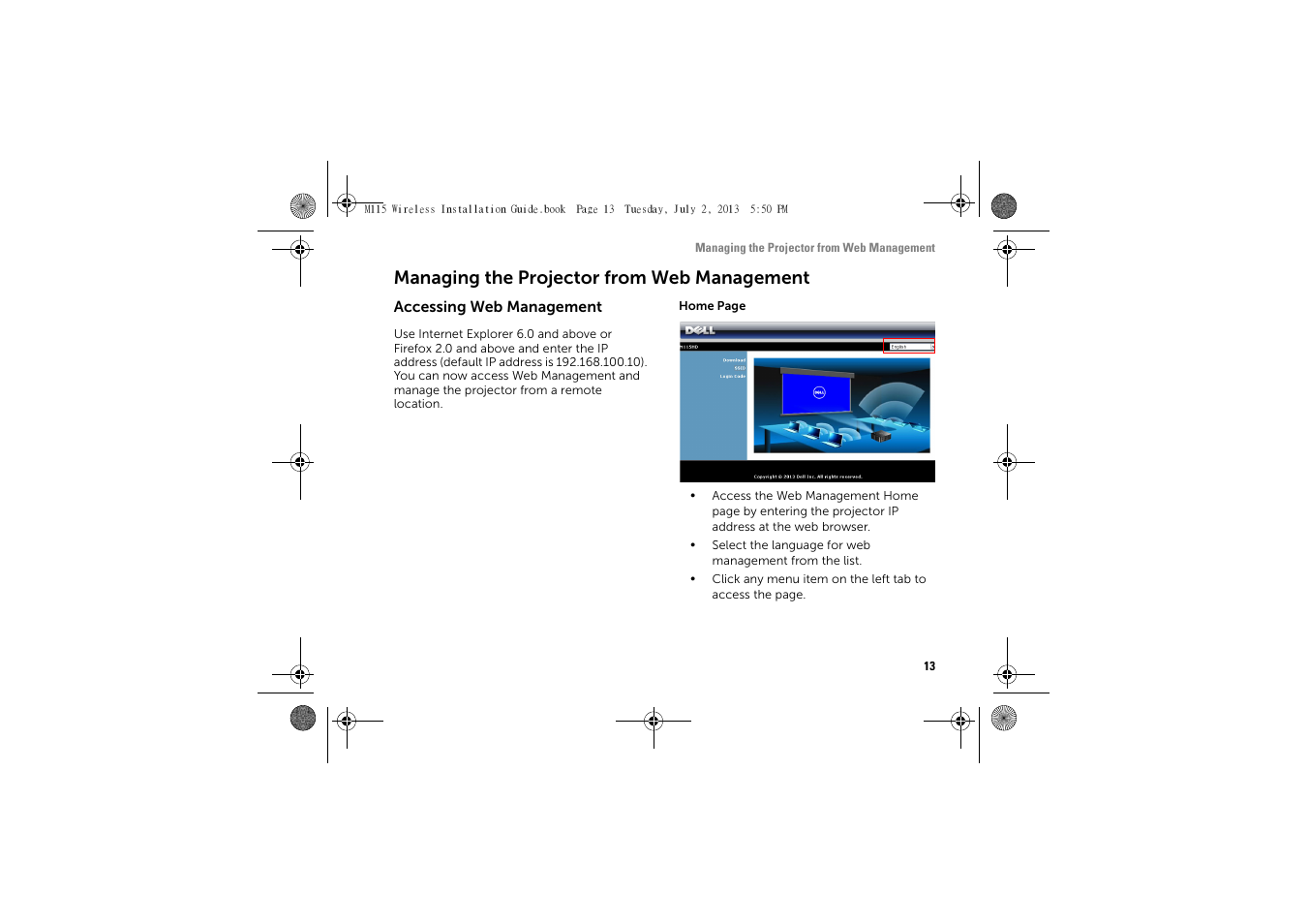 Managing the projector from web management | Dell Mobile Projector M115HD User Manual | Page 13 / 16