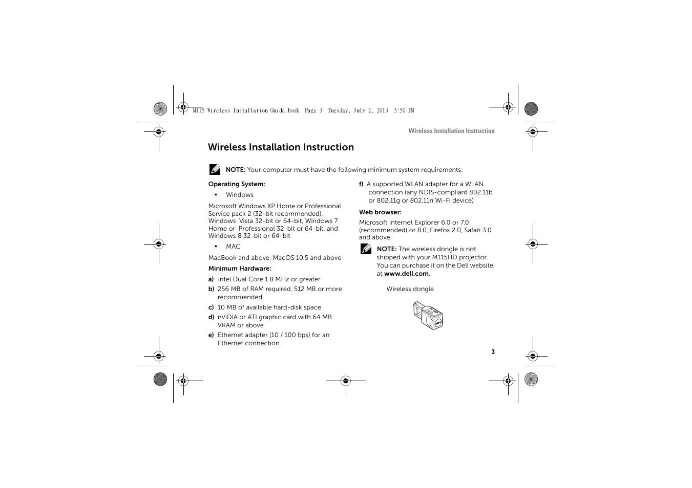 S u z -w u 5 2 0 5 c, Wireless installation instruction | Dell Mobile Projector M115HD User Manual | Page 3 / 16