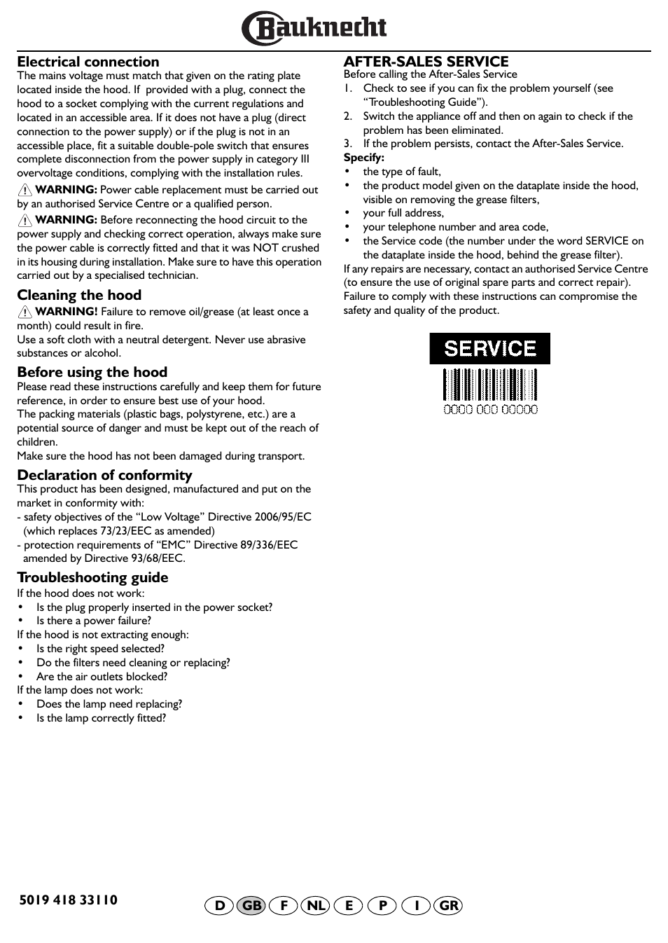 Electrical connection, Cleaning the hood, Before using the hood | Declaration of conformity, Troubleshooting guide, After-sales service | BAUKNECHT DF 5563 IN User Manual | Page 10 / 32