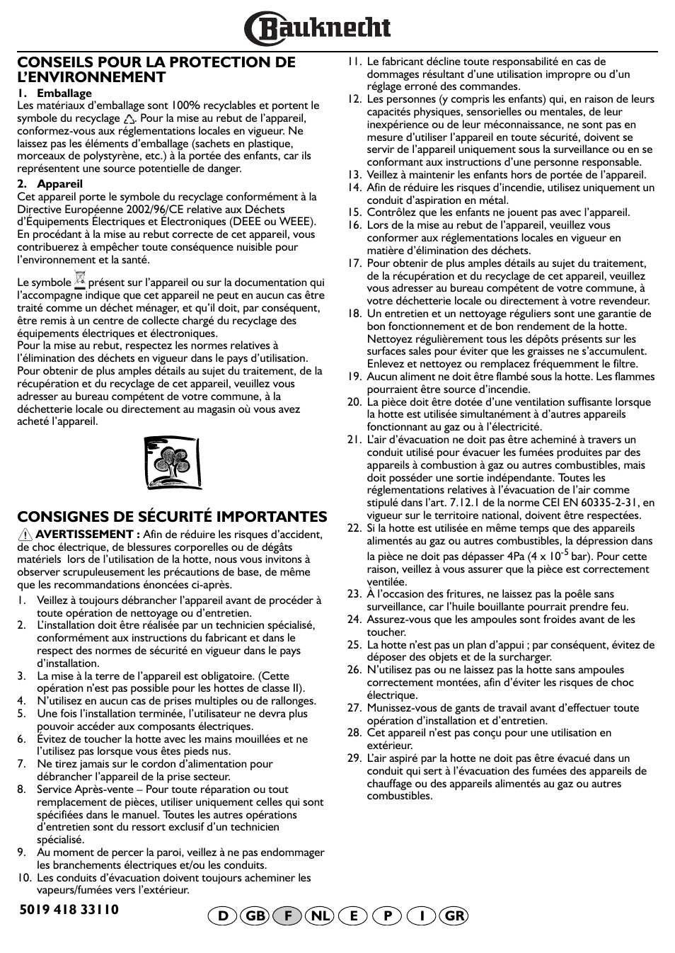 Conseils pour la protection de l’environnement, Consignes de sécurité importantes | BAUKNECHT DF 5563 IN User Manual | Page 12 / 32
