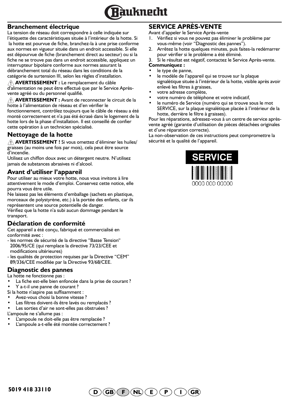 Branchement électrique, Nettoyage de la hotte, Avant d’utiliser l’appareil | Déclaration de conformité, Diagnostic des pannes, Service après-vente | BAUKNECHT DF 5563 IN User Manual | Page 13 / 32