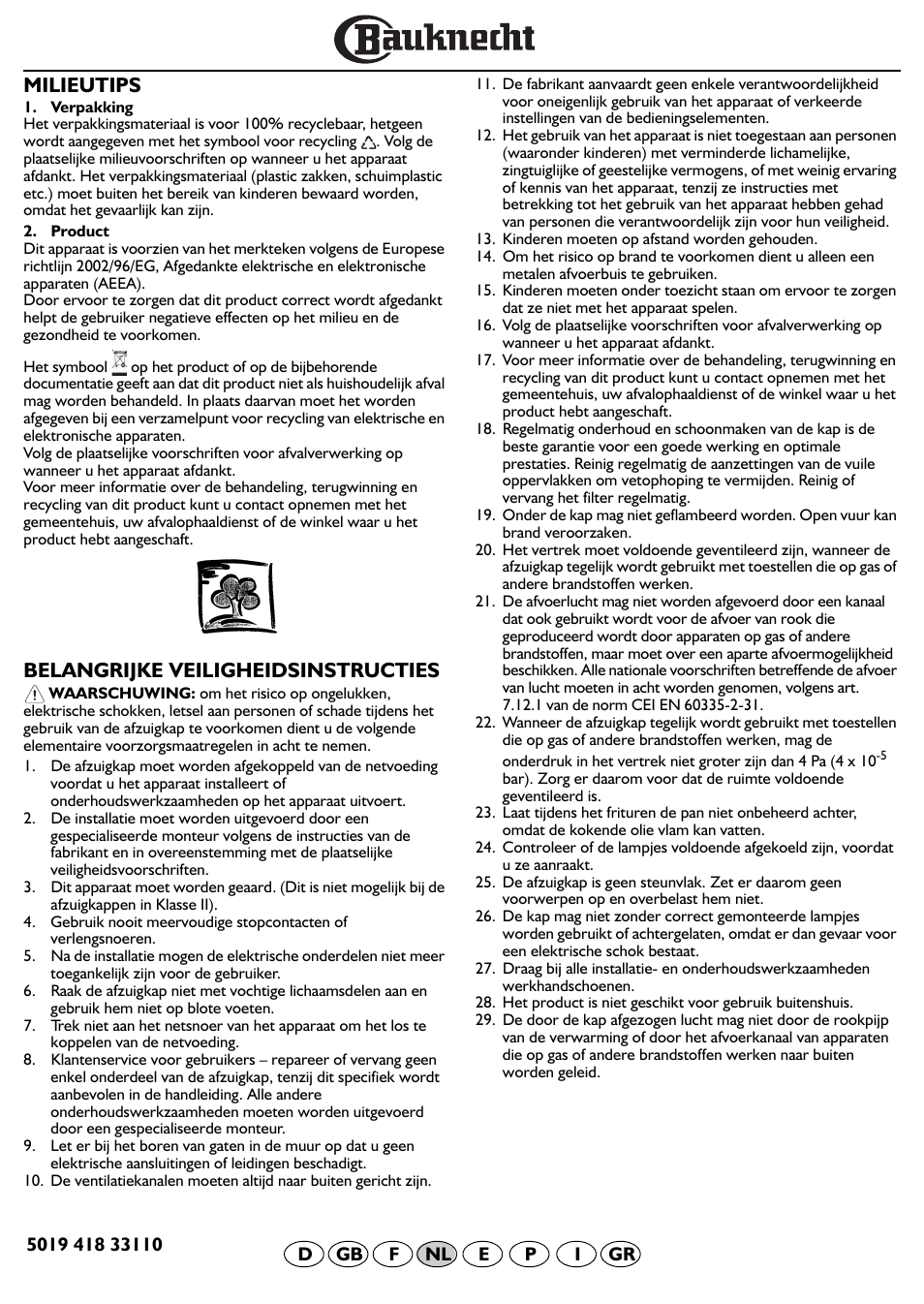 Milieutips, Belangrijke veiligheidsinstructies | BAUKNECHT DF 5563 IN User Manual | Page 15 / 32