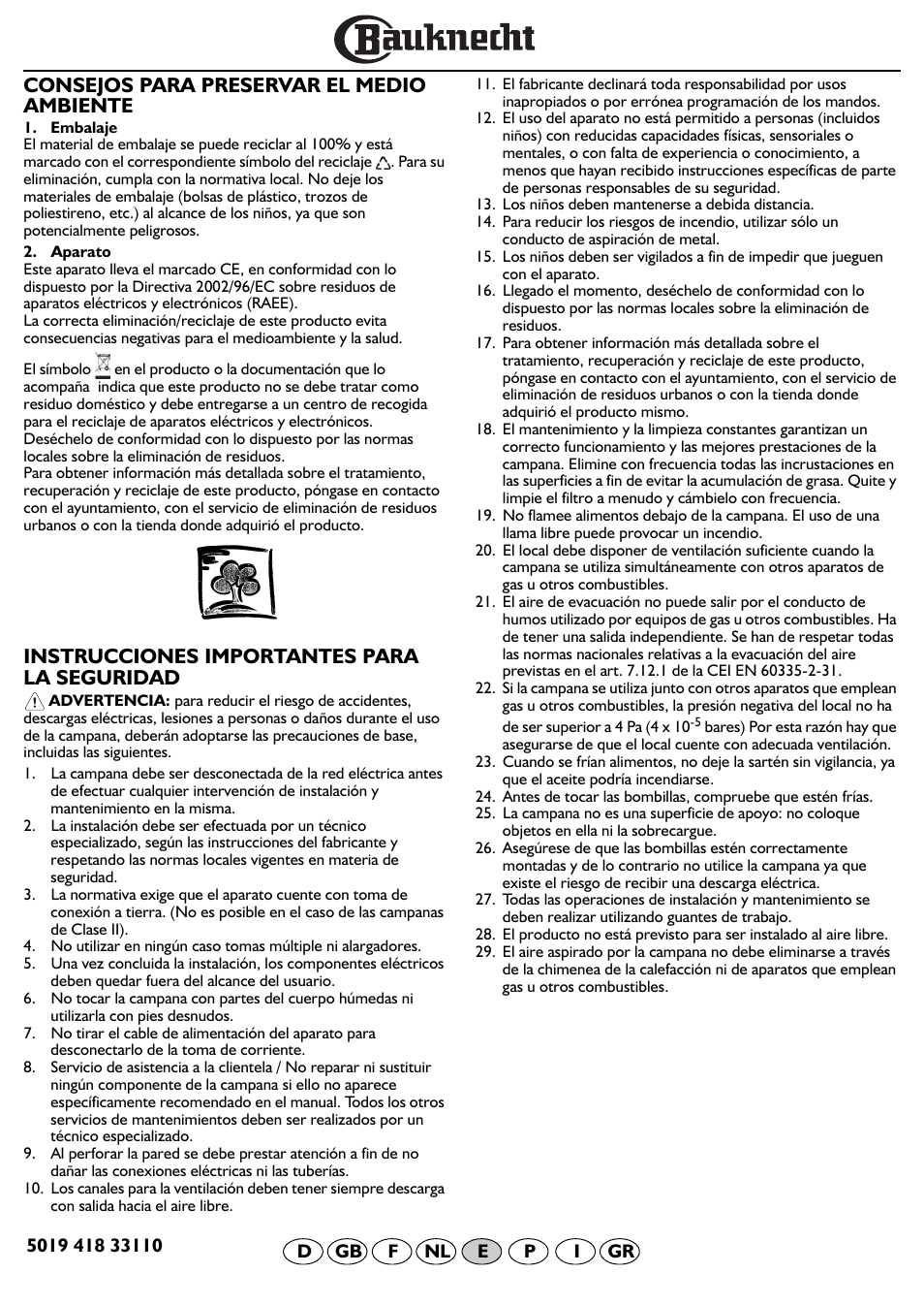 Consejos para preservar el medio ambiente, Instrucciones importantes para la seguridad | BAUKNECHT DF 5563 IN User Manual | Page 18 / 32