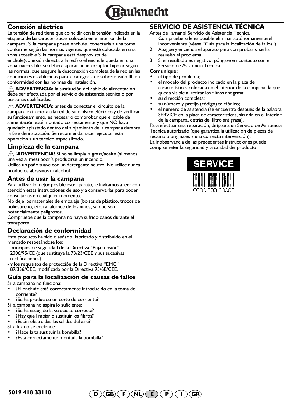 Conexión eléctrica, Limpieza de la campana, Antes de usar la campana | Declaración de conformidad, Guía para la localización de causas de fallos, Servicio de asistencia técnica | BAUKNECHT DF 5563 IN User Manual | Page 19 / 32