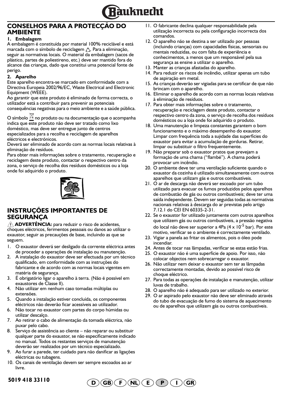 Conselhos para a protecção do ambiente, Instruções importantes de segurança | BAUKNECHT DF 5563 IN User Manual | Page 21 / 32